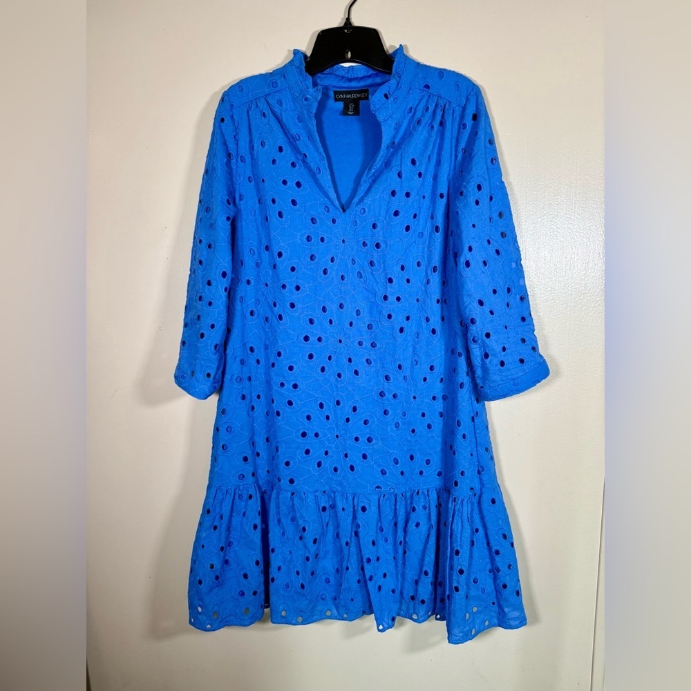 Cynthia Rowley 3/4 Sleeve V-Neck Ruffle Bottom Blue Cotton Dress Size Small